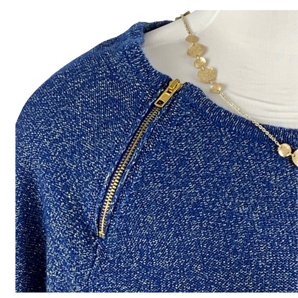BISOU BISOU Blue w/ Metallic Zippered Shoulders Long Sleeve Sweater size Large - Picture 6 of 14